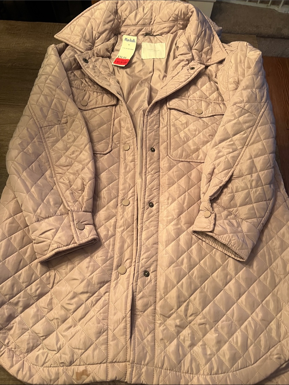 Lucky Brand Quilted Long Puffer Coat in Light Mauve